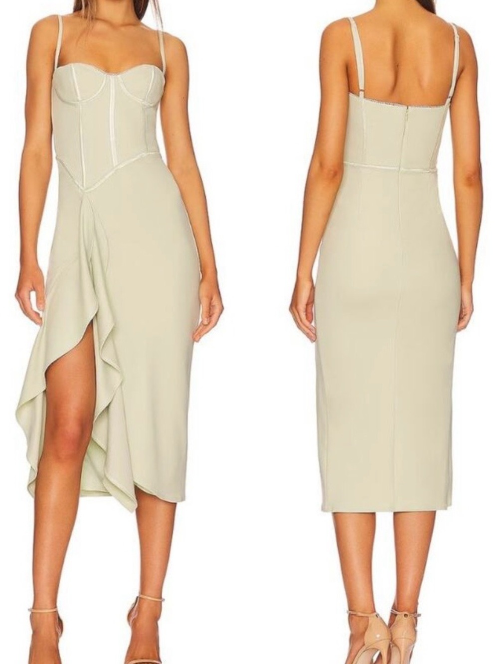 Katie May Doutzen Dress in Sage Green Elegant Midi Dress Ruffle Slit NWT Size XL